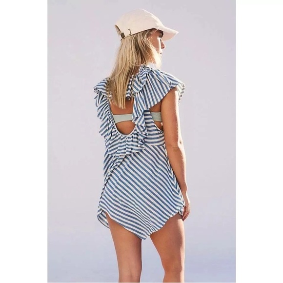 FP Beach Soft Blue Striped Tunic/Dress/Coverup. Open Back Detail, Ruffle Front. - Picture 2 of 16